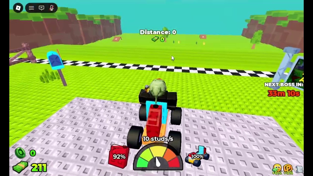 First-person Drive in Build and Kill Zombies: block kart on the lobby pad facing the checkered track, speedometer and next-boss timer visible