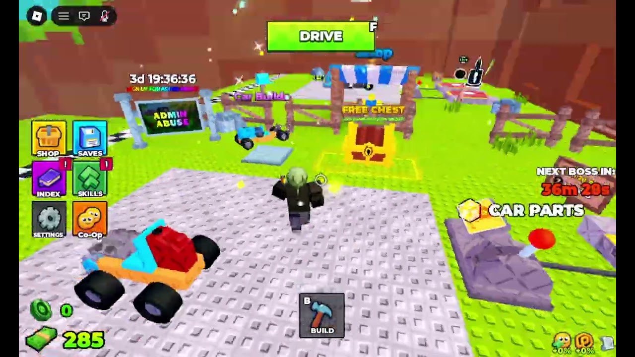 Build and Kill Zombies lobby HUD with Shop, Saves, Skills, Co-Op, Drive, Build, Free Chest, and Car Parts